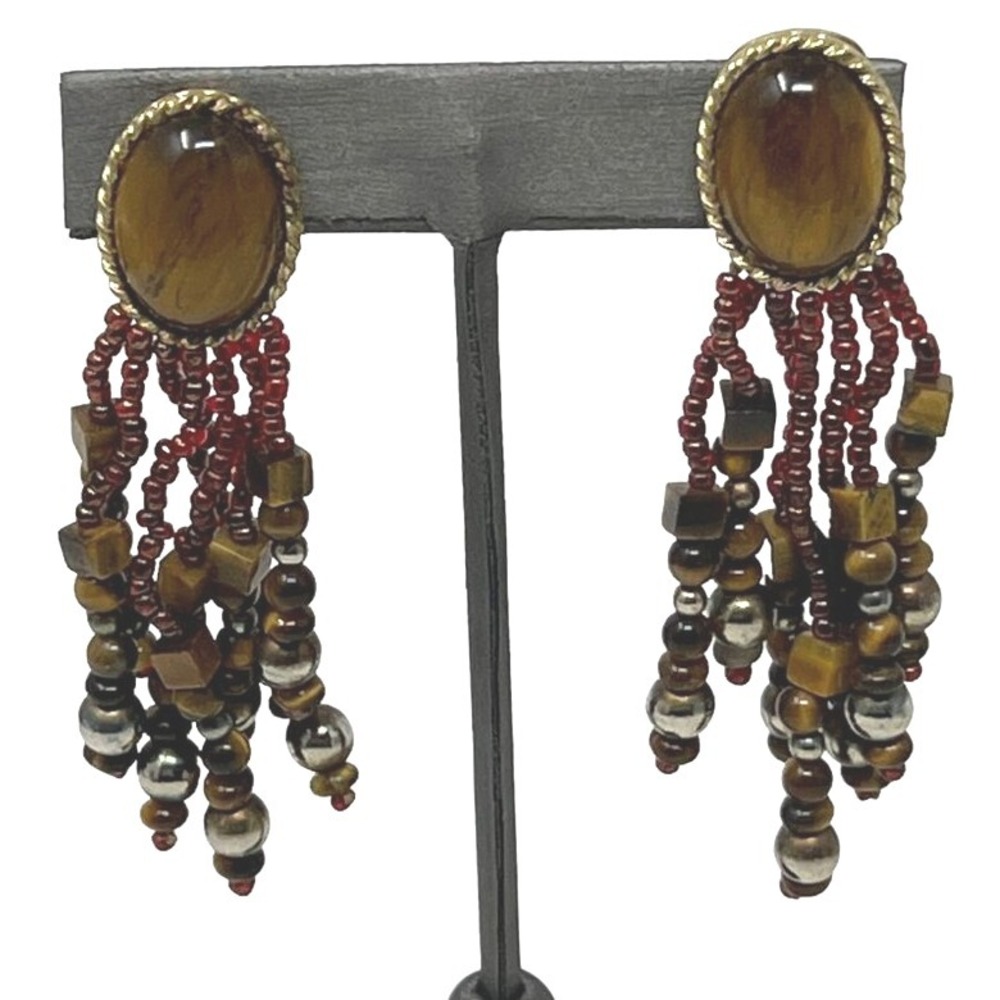 Vintage Boho Clip On Earrings Tigers Eye with Seven‎ Strand Beaded Dangles